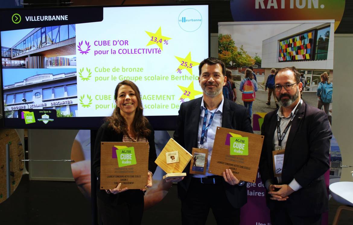 Gwendolyn West, chargée de mission, et Antoine Colliat, adjoint à la transition énergique (à gauche) reçoivent les prix des mains de Dominique Ramard (à droite).